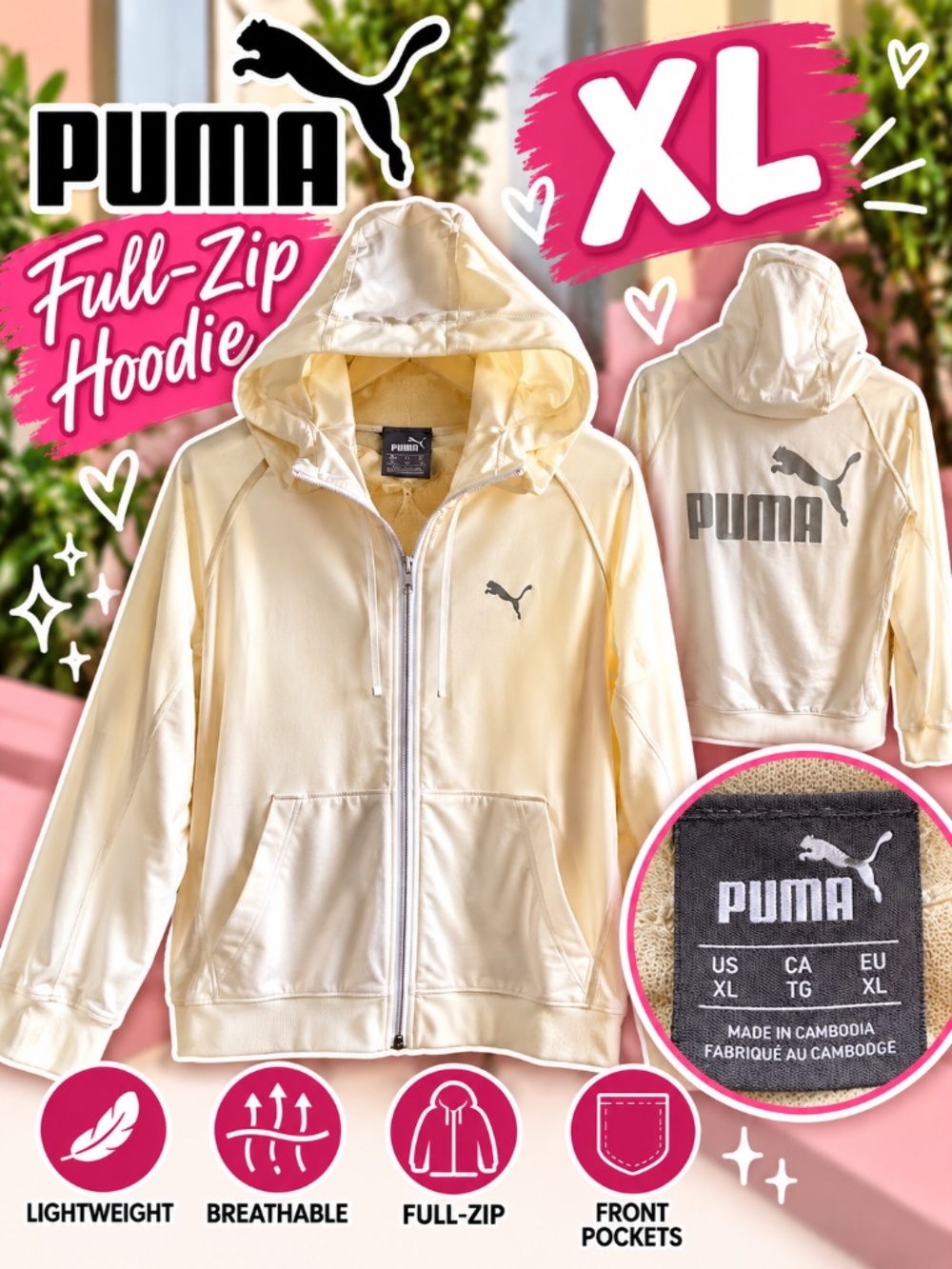 PUMA Women’s XL Cream Full Zip Hoodie Lightweight Athletic Jacket